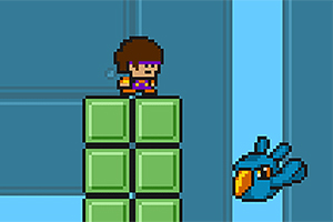Nhân vật pixel đứng trên các khối màu xanh lá cây trong khi một con chim xanh đang bay gần đó