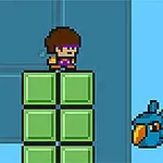 Nhân vật pixel đứng trên các khối màu xanh lá cây trong khi một con chim xanh đang bay gần đó