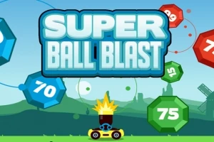 Tiêu đề Super Ball Blast trên nền trời xanh với các khối hình đa giác màu sắc có số như 70, 75, cùng một nhân vật xe bắn súng bên dưới