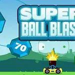 Tiêu đề Super Ball Blast trên nền trời xanh với các khối hình đa giác màu sắc có số như 70, 75, cùng một nhân vật xe bắn súng bên dưới