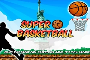 Cảnh một bóng rổ đang bay về phía rổ, với tượng Nữ thần Tự do ở phía sau và dòng chữ Super Basketball