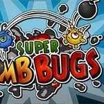 Hình ảnh có hai sinh vật hoạt hình dễ thương ném bom với nền xanh và chữ Super Bomb Bugs nổi bật ở giữa