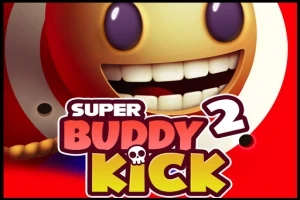 Nhân vật vui nhộn với khuôn mặt cười lớn và dòng chữ Super Buddy Kick 2 trên nền đỏ