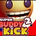 Nhân vật vui nhộn với khuôn mặt cười lớn và dòng chữ Super Buddy Kick 2 trên nền đỏ
