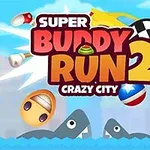 Hình ảnh có dòng chữ Super Buddy Run 2 Crazy City với nền thành phố và cá mập bên dưới