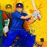 Các vận động viên cricket hoạt hình trong trang phục đầy màu sắc trên nền màu sặc sỡ