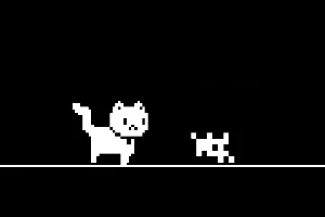 Hình ảnh một con mèo và một sinh vật nhỏ bằng pixel trên nền đen