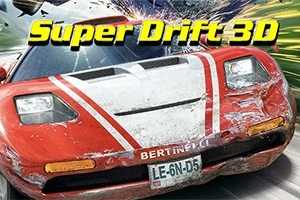 Super Drift 3D Xe đua màu đỏ với sọc trắng đang drift trên đường với dòng chữ Super Drift 3D phía trên