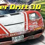 Super Drift 3D Xe đua màu đỏ với sọc trắng đang drift trên đường với dòng chữ Super Drift 3D phía trên