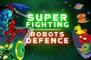 Các robot và sinh vật ngoài hành tinh đang chuẩn bị chiến đấu trên nền không gian vũ trụ với chữ SUPER FIGHTING ROBOTS DEFENSE sáng ở giữa