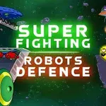 Các robot và sinh vật ngoài hành tinh đang chuẩn bị chiến đấu trên nền không gian vũ trụ với chữ SUPER FIGHTING ROBOTS DEFENSE sáng ở giữa