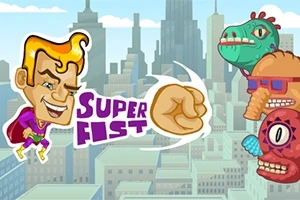 Siêu anh hùng tóc vàng đang bay về phía ba sinh vật kỳ lạ với nắm đấm và chữ Super Fist xuất hiện trên nền thành phố