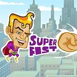 Siêu anh hùng tóc vàng đang bay về phía ba sinh vật kỳ lạ với nắm đấm và chữ Super Fist xuất hiện trên nền thành phố