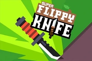 Hình ảnh một con dao với tay cầm màu đỏ và đen nằm dưới logo với chữ Super Flippy Knife trên nền màu xanh lá cây