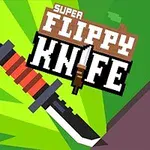Hình ảnh một con dao với tay cầm màu đỏ và đen nằm dưới logo với chữ Super Flippy Knife trên nền màu xanh lá cây
