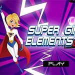 Hai nhân vật siêu anh hùng nữ với trang phục đặc trưng, nền tím với các tia sáng và chữ Super Girls Elements Quiz