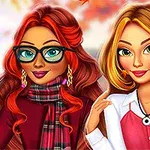 Hai nhân vật nữ phong cách hoạt hình với mái tóc dài, một người có kính mắt và khăn quàng, người kia mặc áo sơ mi trắng, nền là lá mùa thu