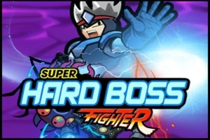 Siêu anh hùng đội vương miện đang giơ tay, trên nền xanh tím với chữ Super Hard Boss Fighter nổi bật