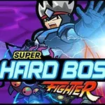 Siêu anh hùng đội vương miện đang giơ tay, trên nền xanh tím với chữ Super Hard Boss Fighter nổi bật