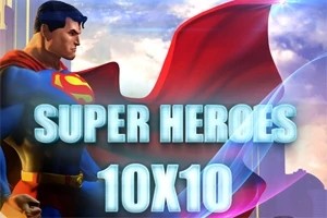 Siêu anh hùng mặc áo xanh với áo choàng đỏ bay phấp phới trong khung cảnh bầu trời, chữ SUPER HEROES 10X10 nổi bật ở giữa