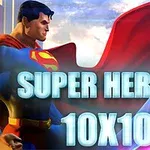Siêu anh hùng mặc áo xanh với áo choàng đỏ bay phấp phới trong khung cảnh bầu trời, chữ SUPER HEROES 10X10 nổi bật ở giữa
