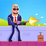 Nhân vật hoạt hình đầu trọc đeo kính râm đang bắn súng, đứng cạnh một hộp thuốc nổ TNT