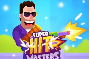 Người đàn ông hoạt hình đeo kính râm cầm khẩu súng phun lửa, nền màu xanh và chữ Super Hit Masters ở phía trước