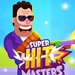 Người đàn ông hoạt hình đeo kính râm cầm khẩu súng phun lửa, nền màu xanh và chữ Super Hit Masters ở phía trước