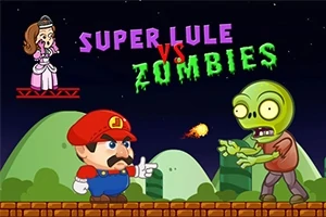 Hình ảnh một nhân vật trong trang phục đỏ đang bắn đạn vào một con zombie xanh, với một người phụ nữ và dòng chữ SUPER LULE VS