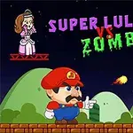 Hình ảnh một nhân vật trong trang phục đỏ đang bắn đạn vào một con zombie xanh, với một người phụ nữ và dòng chữ SUPER LULE VS
