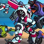 Một robot màu trắng và hồng chiến đấu với một robot tím trên bãi biển, bên cạnh là một robot nhỏ màu xanh lá cây