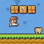 Nhân vật 8-bit nhảy trong một cảnh nền kiểu pixel, bên dưới các khối hình dấu chấm hỏi và bên cạnh một sinh vật vuông nhỏ