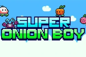 Hình ảnh có dòng chữ SUPER ONION BOY lớn ở giữa, xung quanh là các nhân vật hoạt hình pixel với nền trời xanh và mây trắng
