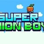Hình ảnh có dòng chữ SUPER ONION BOY lớn ở giữa, xung quanh là các nhân vật hoạt hình pixel với nền trời xanh và mây trắng