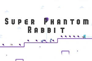 Văn bản Super Phantom Rabbit xuất hiện trên nền trắng với đồ họa đơn giản, trong đó chú thỏ màu xanh dương di chuyển qua một nền tảng có các dấu hiệu màu tím