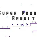 Văn bản Super Phantom Rabbit xuất hiện trên nền trắng với đồ họa đơn giản, trong đó chú thỏ màu xanh dương di chuyển qua một nền tảng có các dấu hiệu màu tím