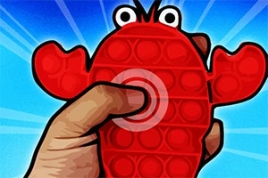 Một bàn tay đang cầm đồ chơi pop-it màu đỏ hình con cua với mắt tròn to nổi bật