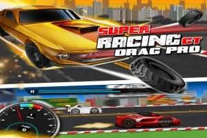 Xe đua màu vàng và đỏ trên đường đua, nền có thành phố và tiêu đề Super Racing Drag Pro