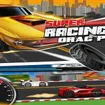 Xe đua màu vàng và đỏ trên đường đua, nền có thành phố và tiêu đề Super Racing Drag Pro