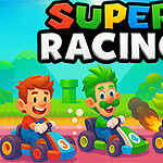 Ba nhân vật hoạt hình đang đua xe go-kart trên đường đua với đèn giao thông và hàng cây xanh phía sau