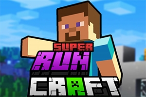 Nhân vật khối vuông với áo xanh và chữ SUPER RUN CRAFT ở phía trước, nền là bầu trời và cảnh quan pixel