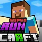 Nhân vật khối vuông với áo xanh và chữ SUPER RUN CRAFT ở phía trước, nền là bầu trời và cảnh quan pixel