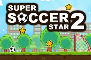 Hình ảnh có một sân bóng đá với các ngôi sao vàng, cây xanh và khung thành, cùng dòng chữ Super Soccer Star 2 trên nền trời xanh