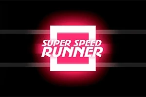 Hình ảnh có nền màu đen với hai dải ngang và chữ SUPER SPEED RUNNER được hiển thị nổi bật trong khung chữ nhật trắng phát sáng màu hồng