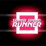 Hình ảnh có nền màu đen với hai dải ngang và chữ SUPER SPEED RUNNER được hiển thị nổi bật trong khung chữ nhật trắng phát sáng màu hồng