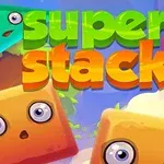 Các khối hình vuông và tròn có khuôn mặt biểu cảm và dòng chữ super stack nhiều màu sắc nổi bật trên nền bầu trời xanh dương
