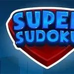 Logo SUPER SUDOKU với chữ màu xanh đậm trên nền hình khiên màu đỏ