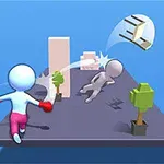 Hình ảnh một nhân vật hoạt hình đang đấm nhân vật khác trên nền xanh với các khối hình và cây nhỏ xung quanh