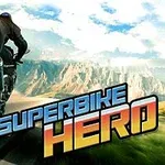 Một người đi xe máy phân khối lớn trên con đường núi với bầu trời xanh và dòng chữ SUPERBIKE HERO
