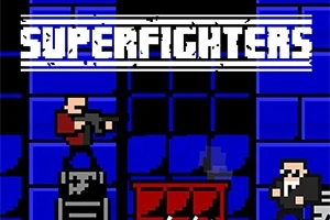 Nhân vật pixel chiến đấu trong không gian xanh với chữ SUPERFIGHTERS phía trên